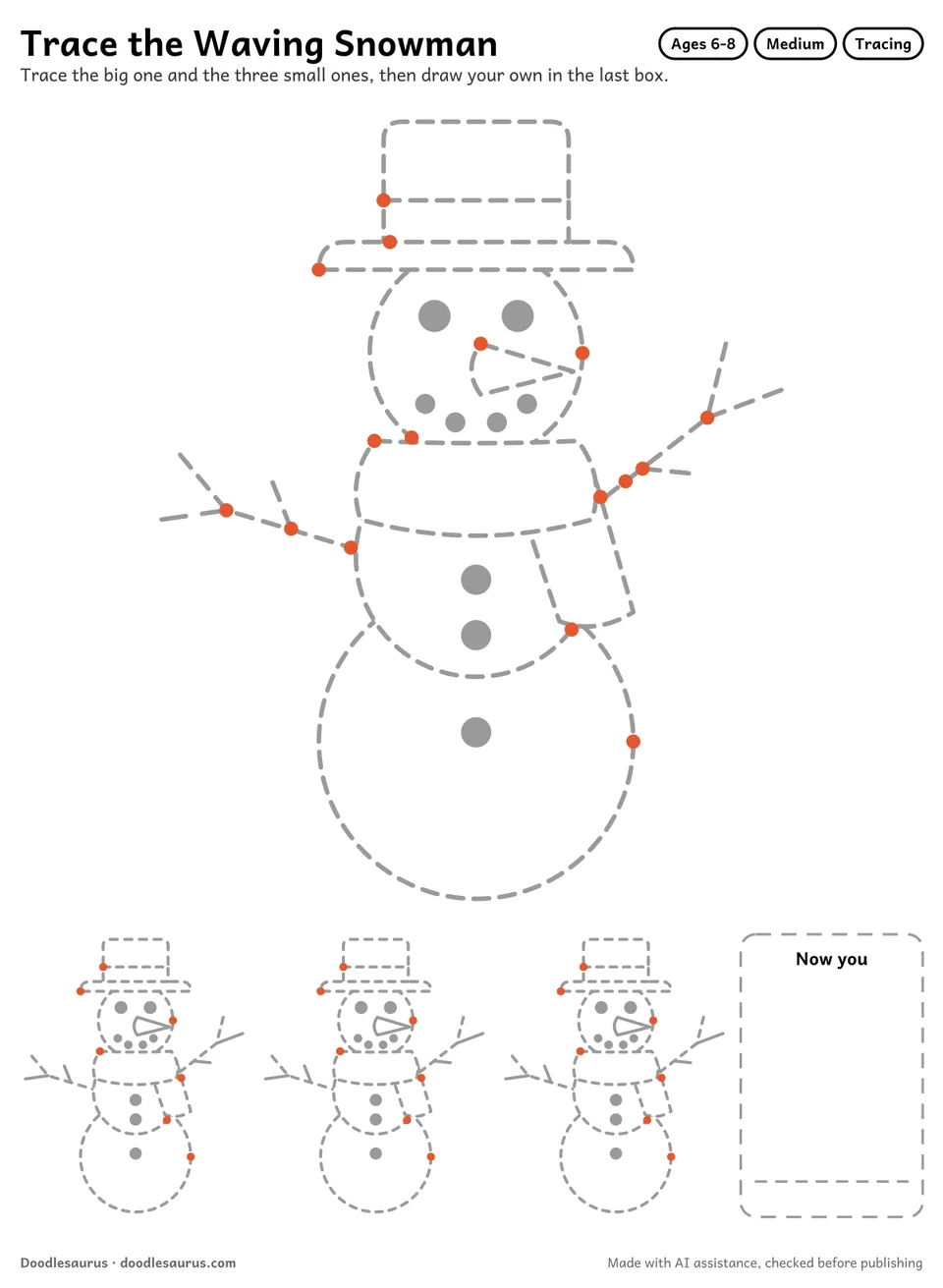 Tracing worksheet of a waving snowman: a large dashed drawing, three small copies to trace and an empty box to draw it freehand.