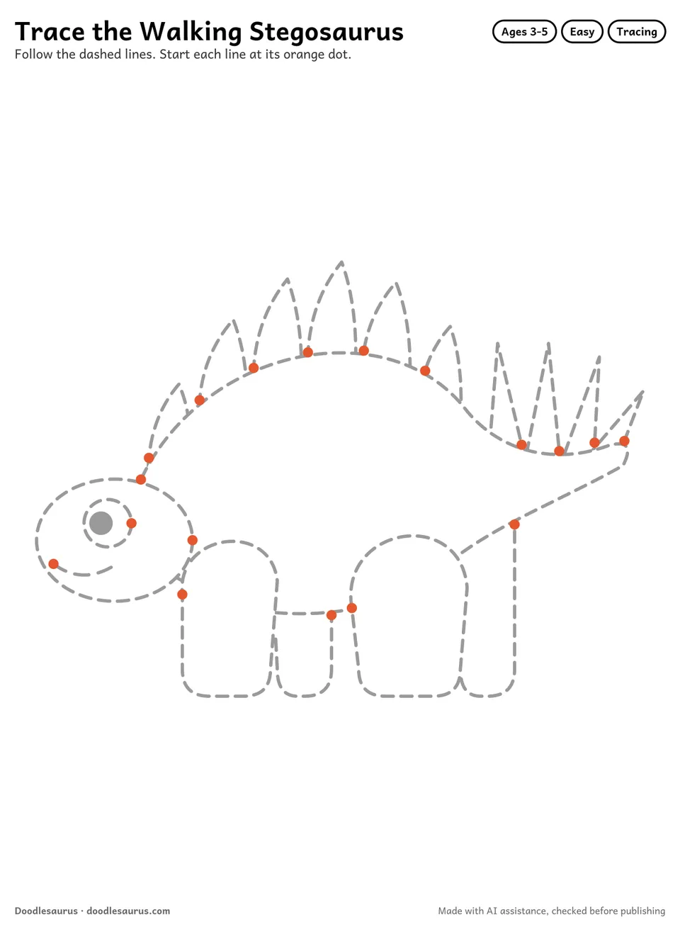 Tracing worksheet of a walking stegosaurus drawn in dashed gray lines with an orange start dot on every stroke.