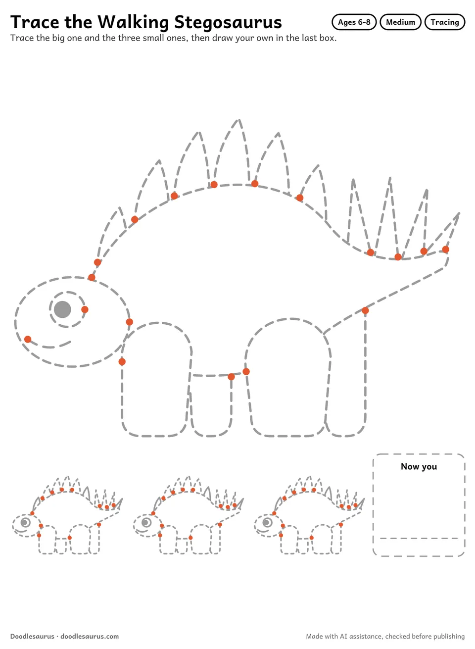 Tracing worksheet of a walking stegosaurus: a large dashed drawing, three small copies to trace and an empty box to draw it freehand.