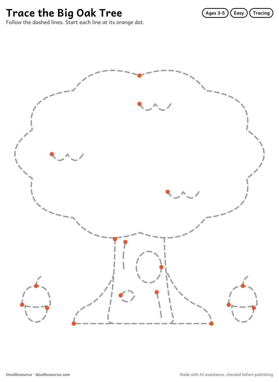 Tracing worksheet of a big oak tree drawn in dashed gray lines with an orange start dot on every stroke.