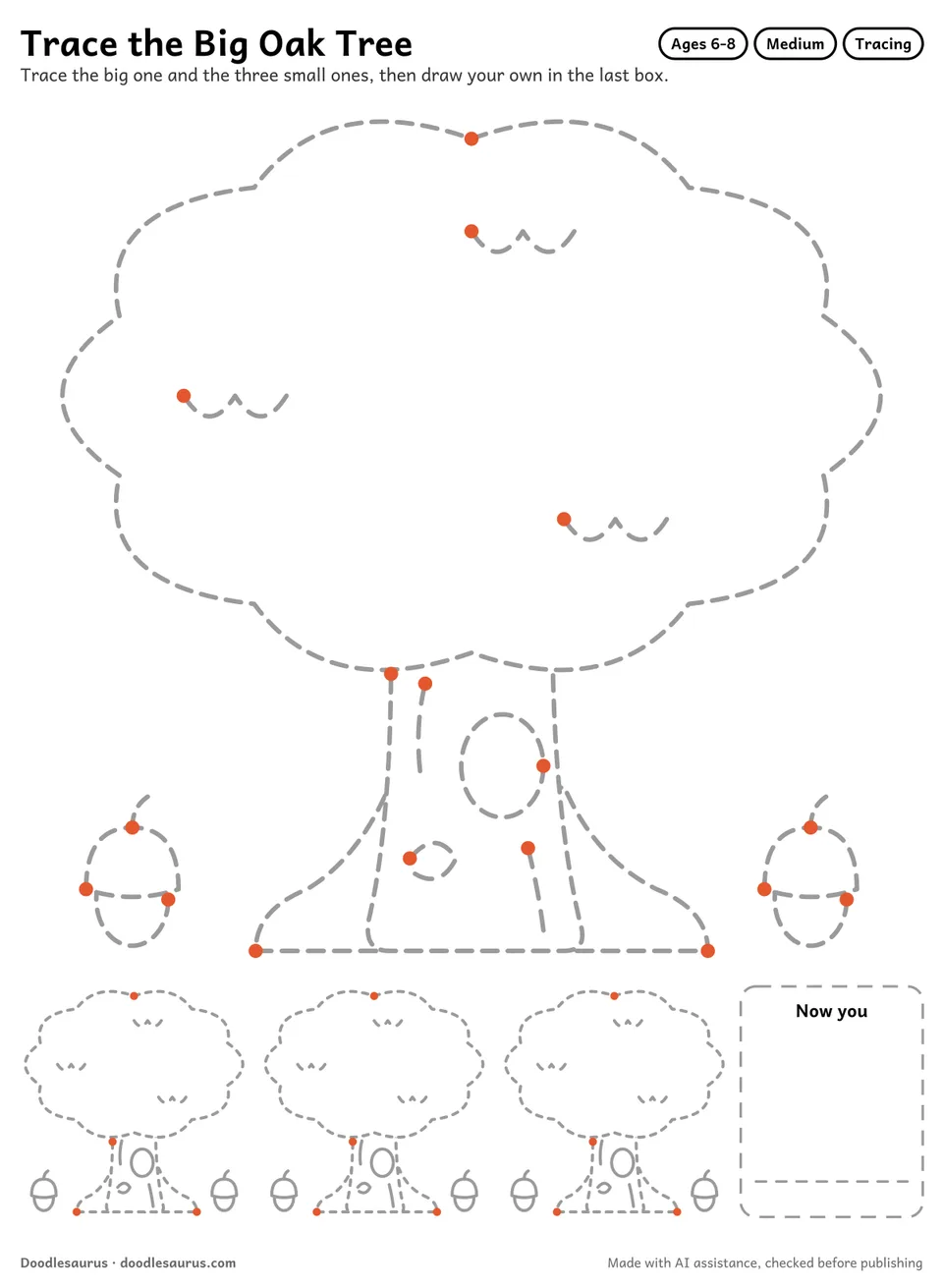 Tracing worksheet of a big oak tree: a large dashed drawing, three small copies to trace and an empty box to draw it freehand.