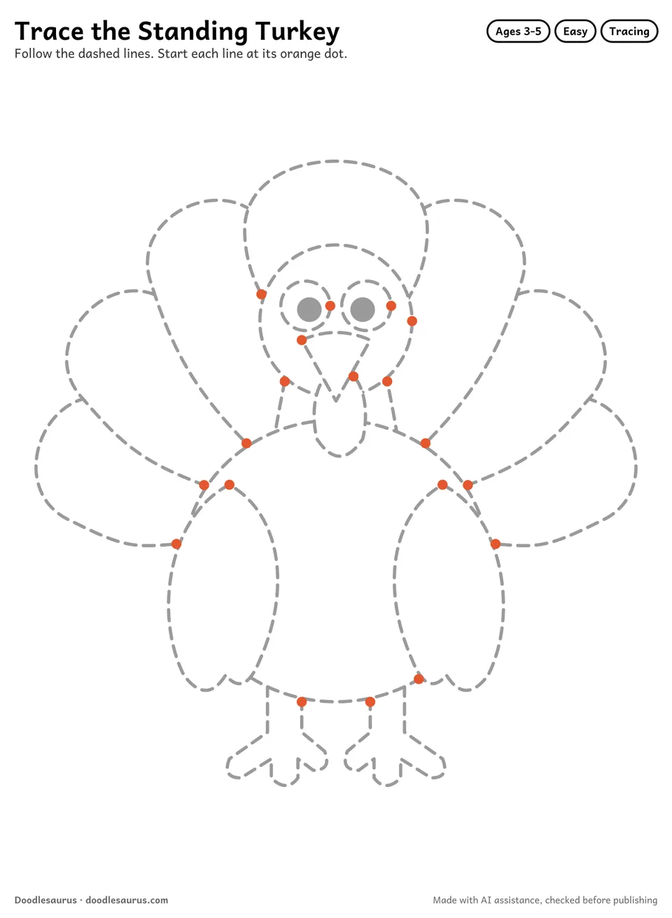 Tracing worksheet of a standing turkey drawn in dashed gray lines with an orange start dot on every stroke.