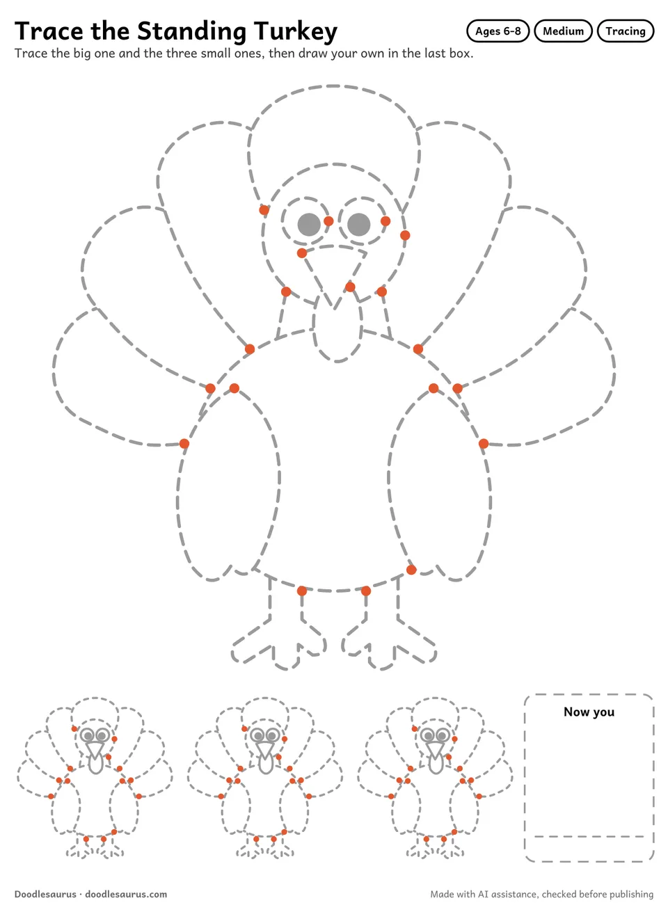 Tracing worksheet of a standing turkey: a large dashed drawing, three small copies to trace and an empty box to draw it freehand.