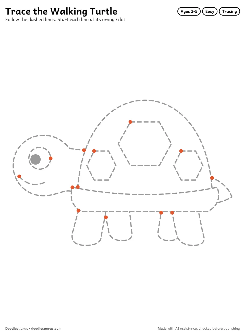 Tracing worksheet of a walking turtle drawn in dashed gray lines with an orange start dot on every stroke.