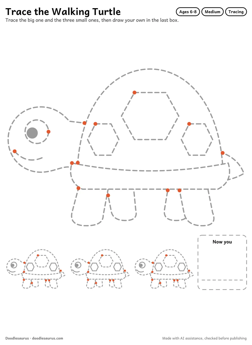 Tracing worksheet of a walking turtle: a large dashed drawing, three small copies to trace and an empty box to draw it freehand.