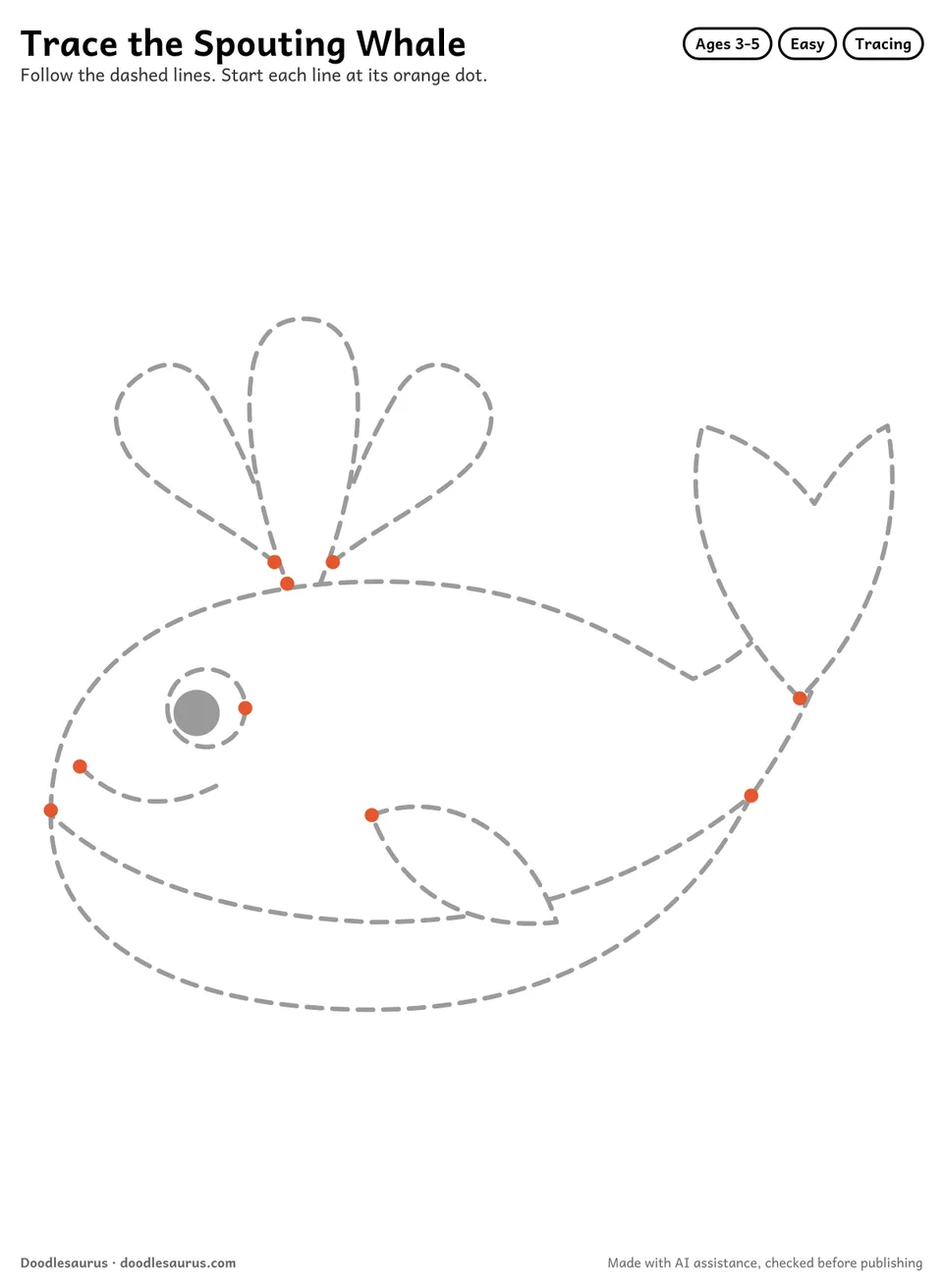 Tracing worksheet of a spouting whale drawn in dashed gray lines with an orange start dot on every stroke.