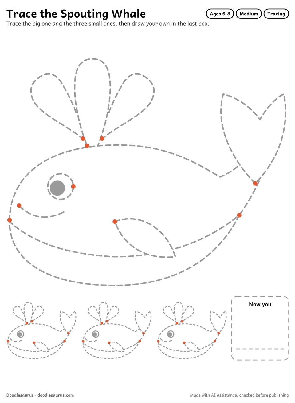Tracing worksheet of a spouting whale: a large dashed drawing, three small copies to trace and an empty box to draw it freehand.